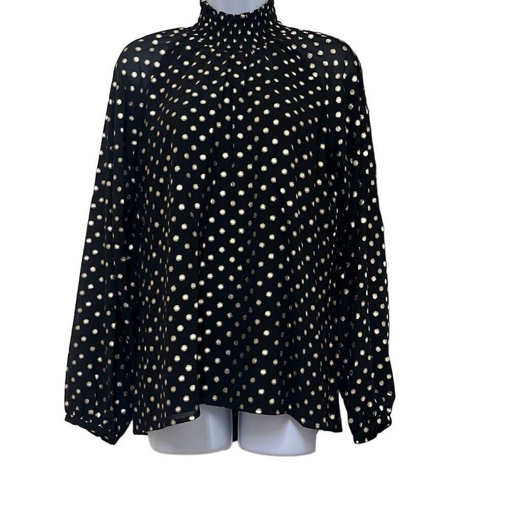 Yumi Kim Black Gold Polka Dot Lexington Top High‎ Ruched Neck Long Sleeve Office